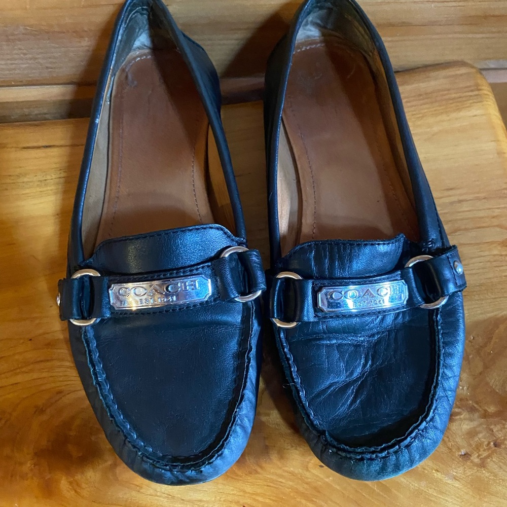 Coach Black Leather Loafers with Silver Hardware